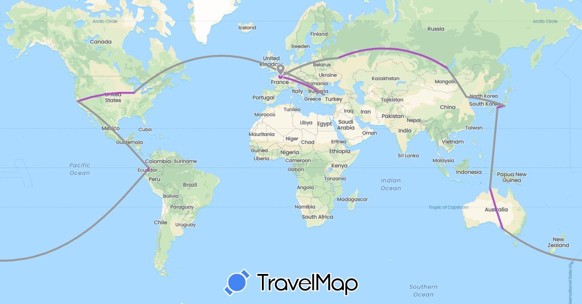 TravelMap itinerary: plane, train in Australia, China, Ecuador, France, United Kingdom, Japan, Russia, Turkey, United States (Asia, Europe, North America, Oceania, South America)